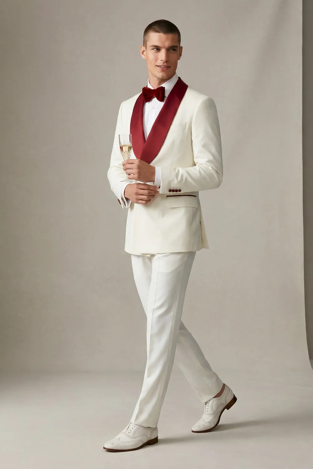 Men's White And Red Double Breasted Shawl Lapel Tuxedo