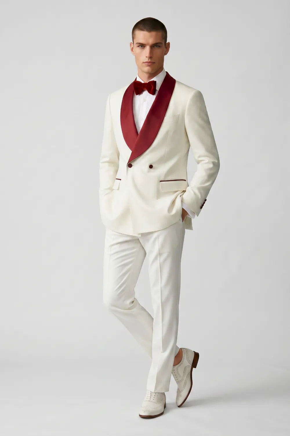 Men's White And Red Double Breasted Shawl Lapel Tuxedo