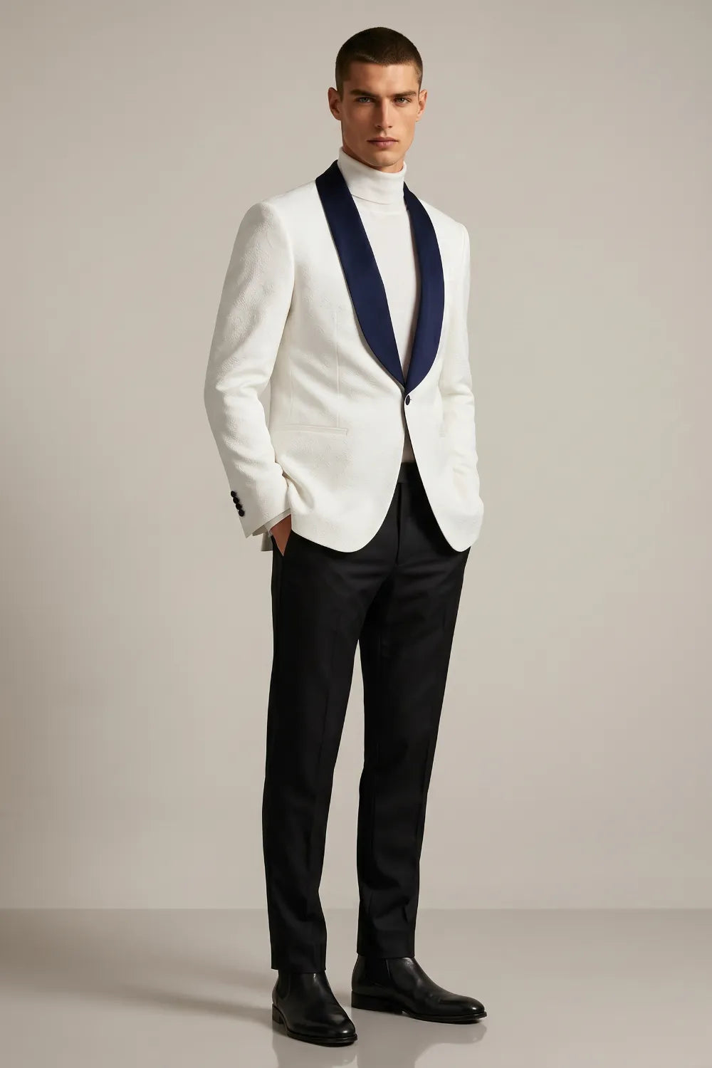Men's White Jacquard Navy Shawl Lapel 2-Piece Tuxedo Suit