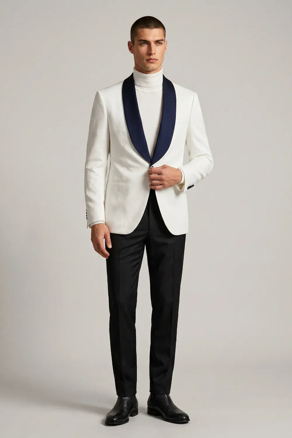 Men's White Jacquard Navy Shawl Lapel 2-Piece Tuxedo Suit