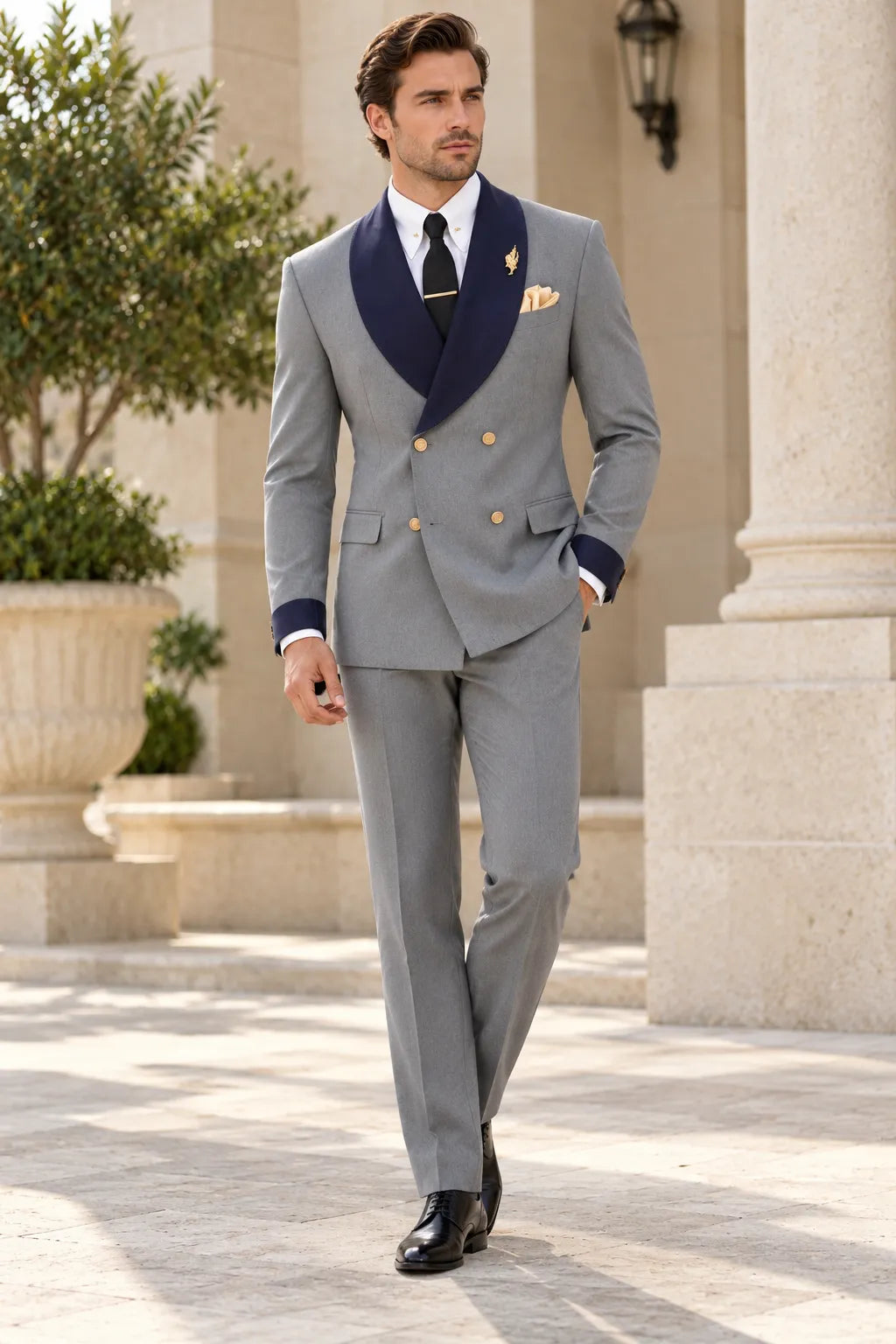 Men's Light Grey Contrast Shawl Lapel 2 Piece Suit