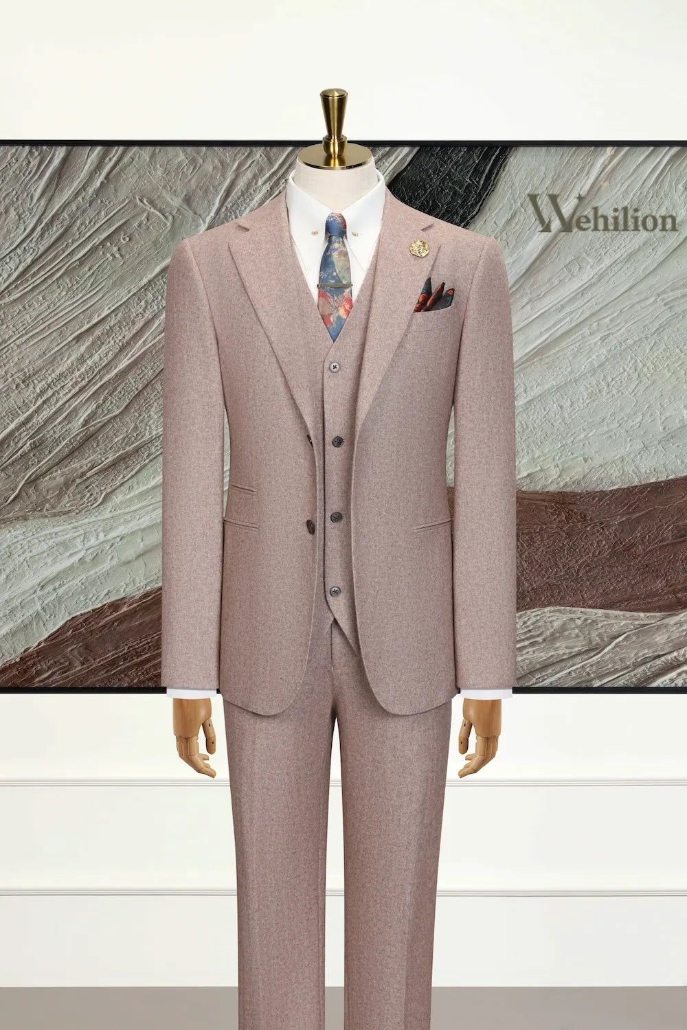 Men's Khaki Vintage-Inspired Herringbone 3 Piece Suit