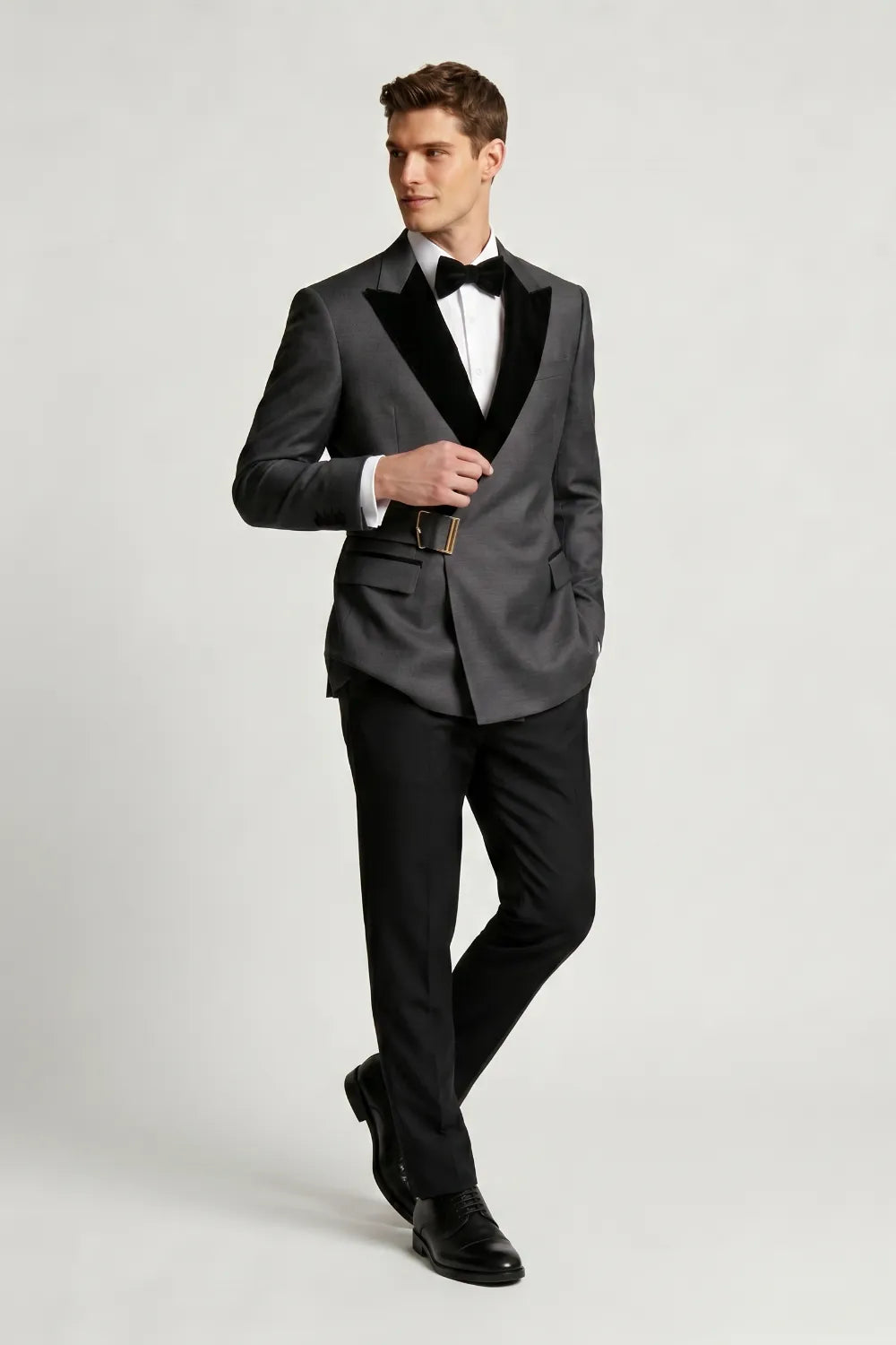 Men's Charcoal Grey Peak Lapel Belted Tuxedo 2-Piece Suit