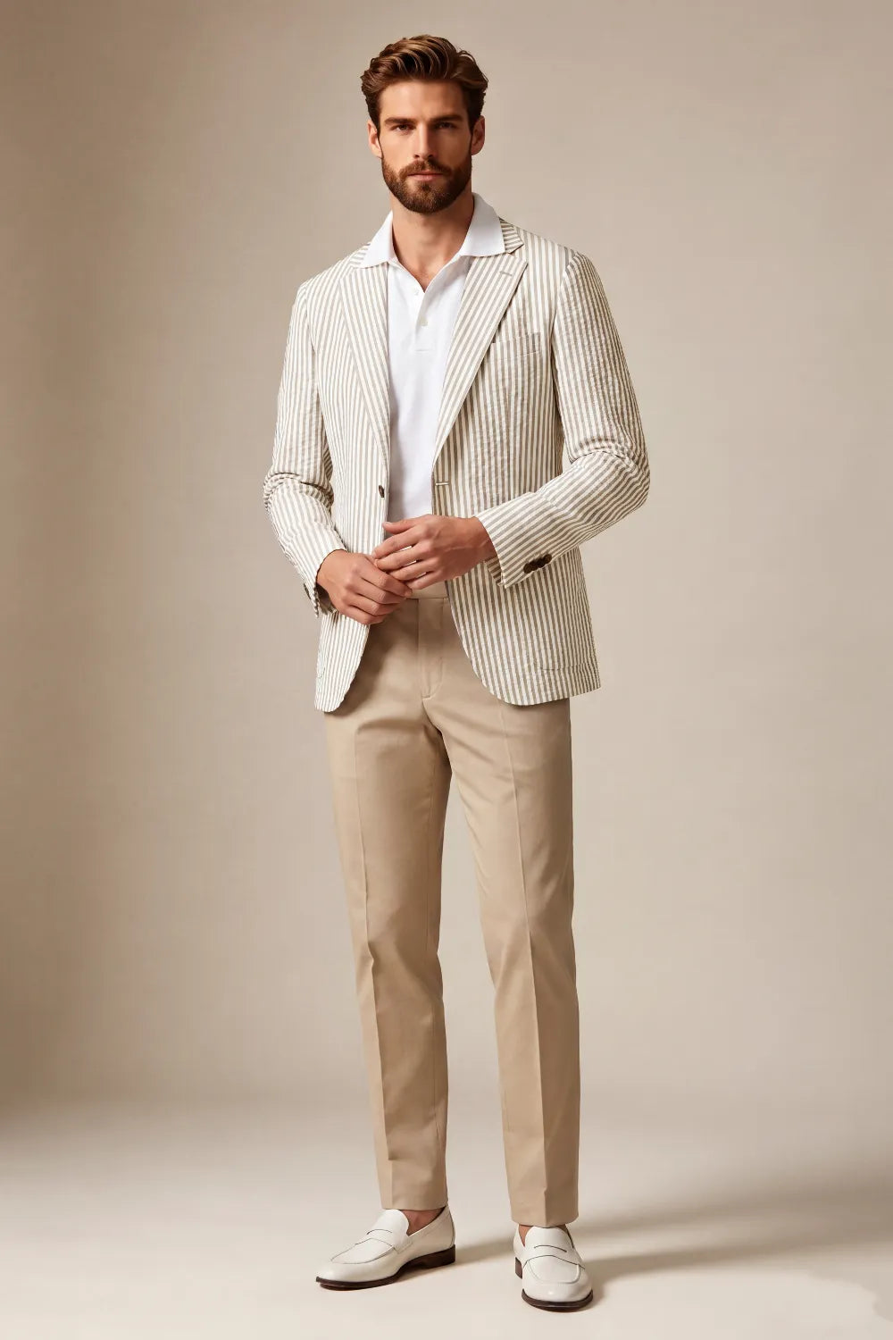 Men's Cream Striped Seersucker Notch Lapel 2 Piece Suit