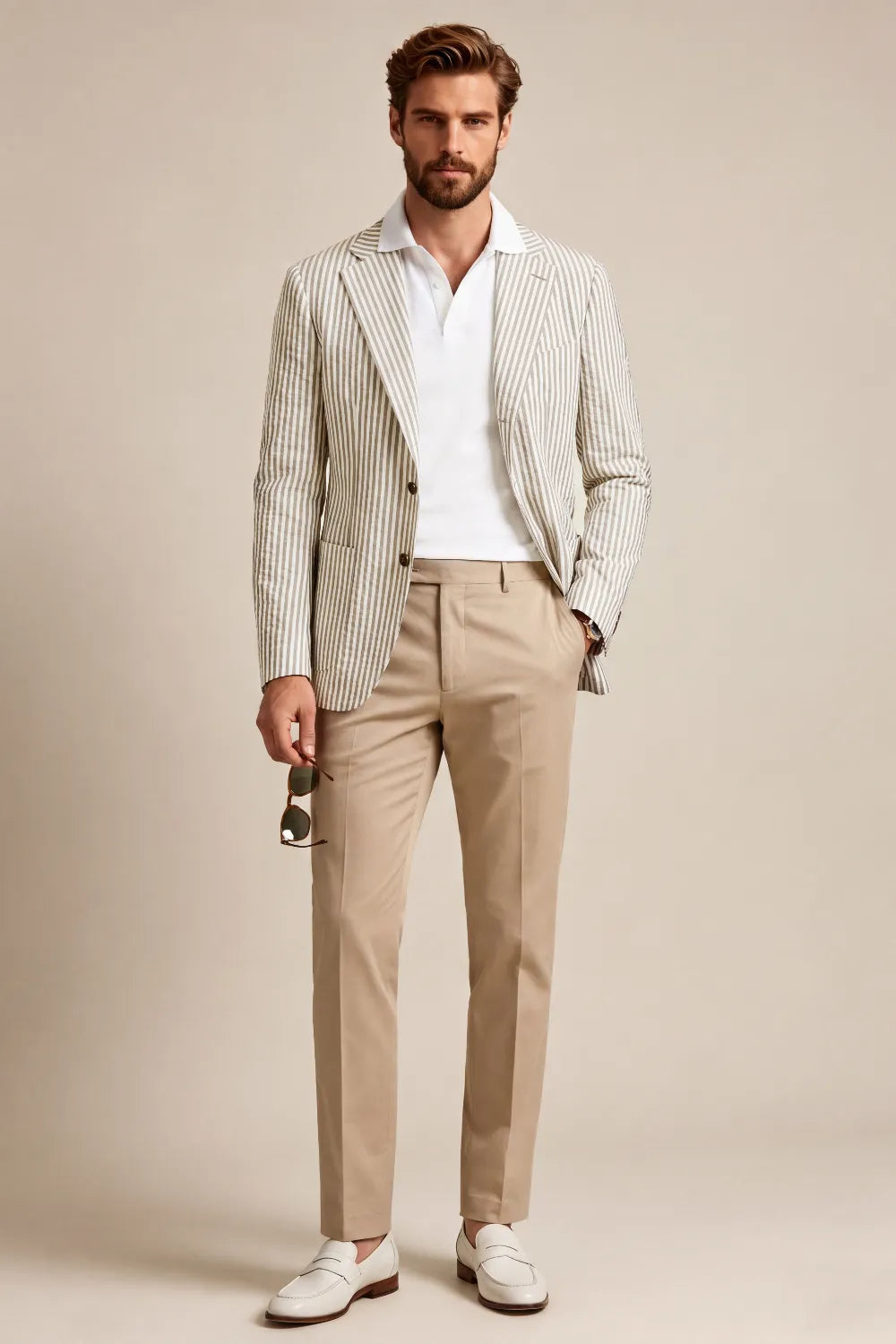 Men's Cream Striped Seersucker Notch Lapel 2 Piece Suit