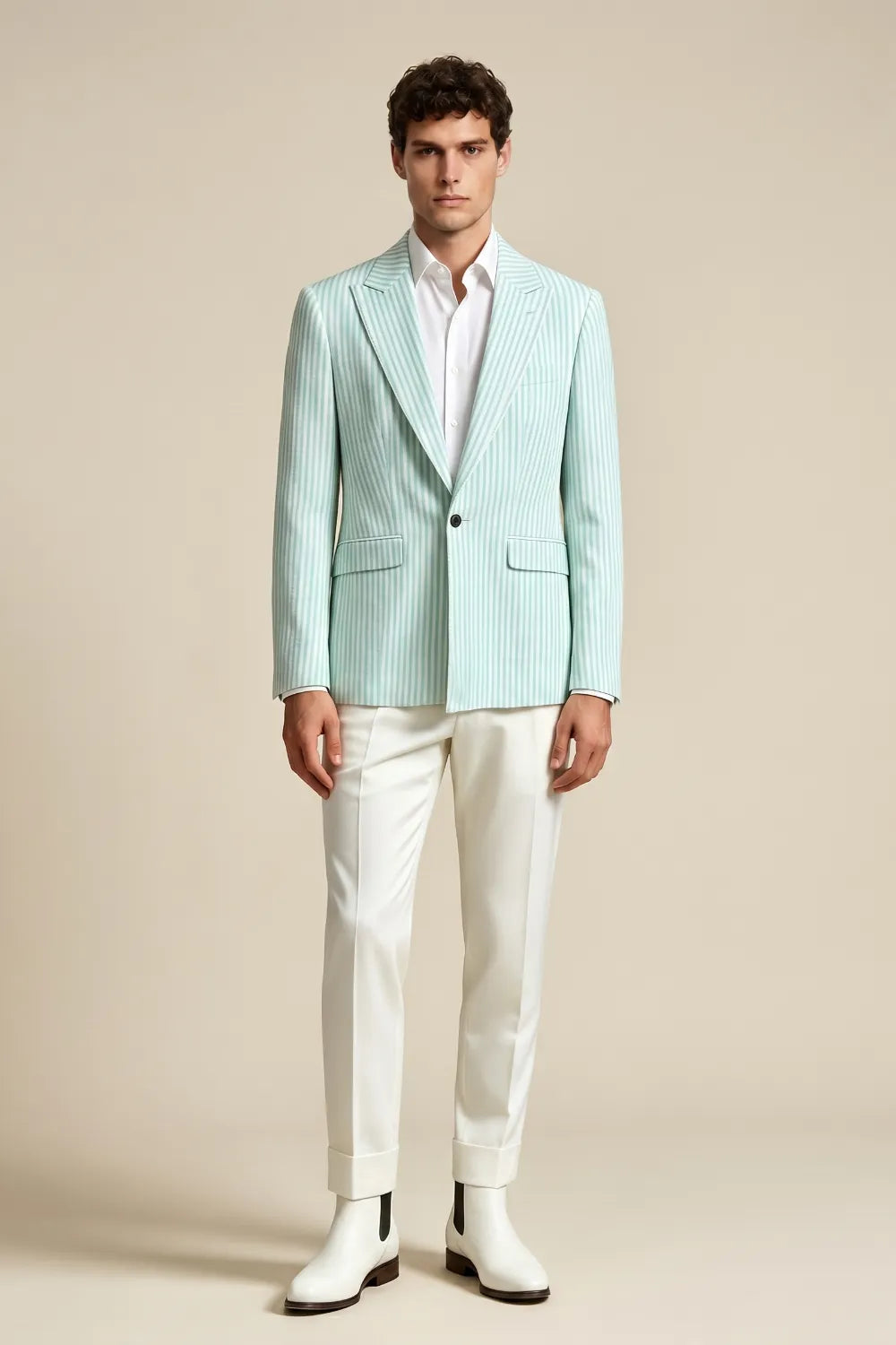 Men's Mint Green Striped Peak Lapel One Button Seersucker Blazer