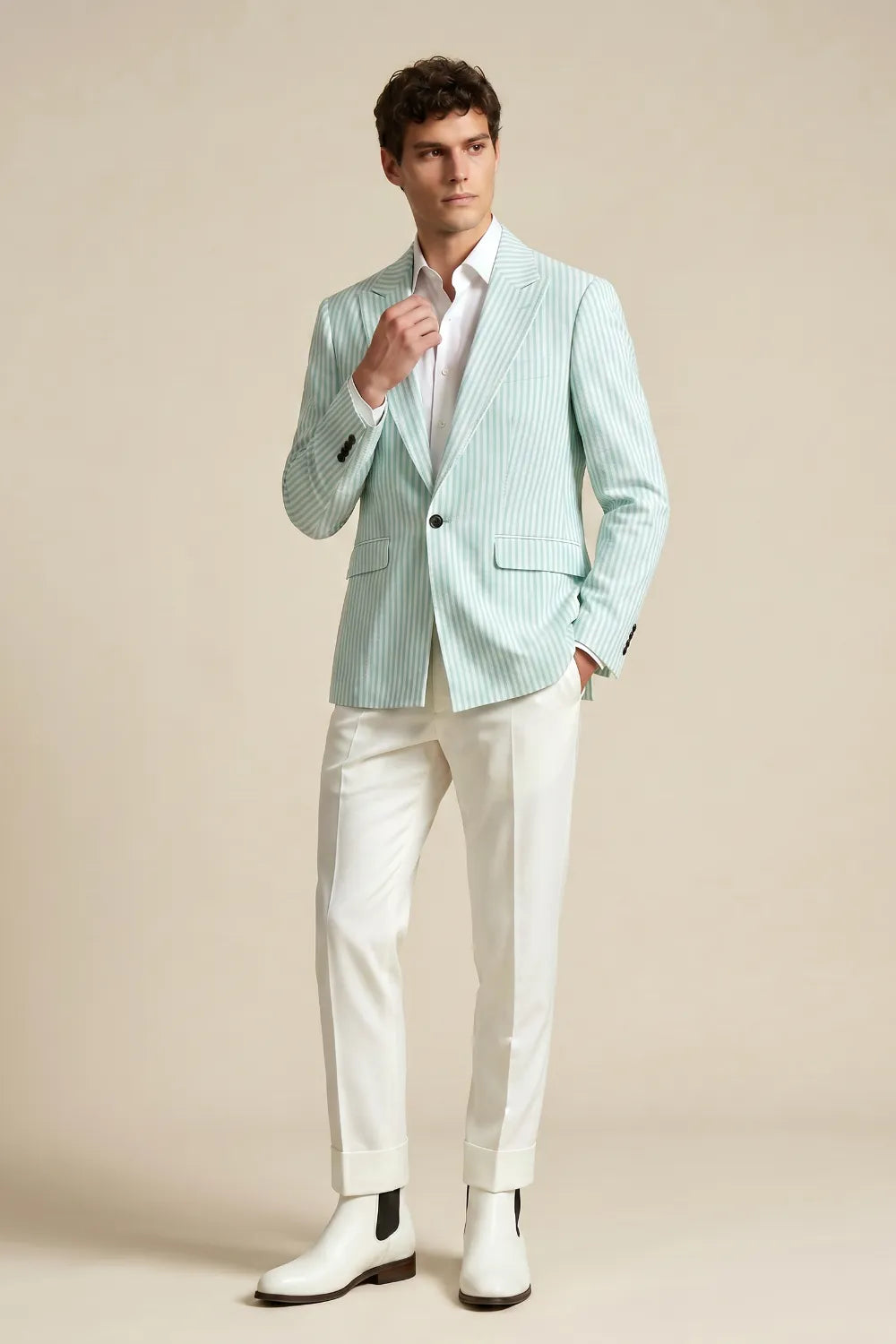 Men's Mint Green Striped Peak Lapel One Button Seersucker Blazer