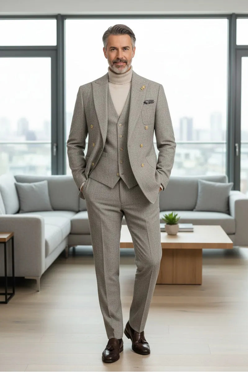 Men's Modern Double Breasted Herringbone 3 Piece Suit