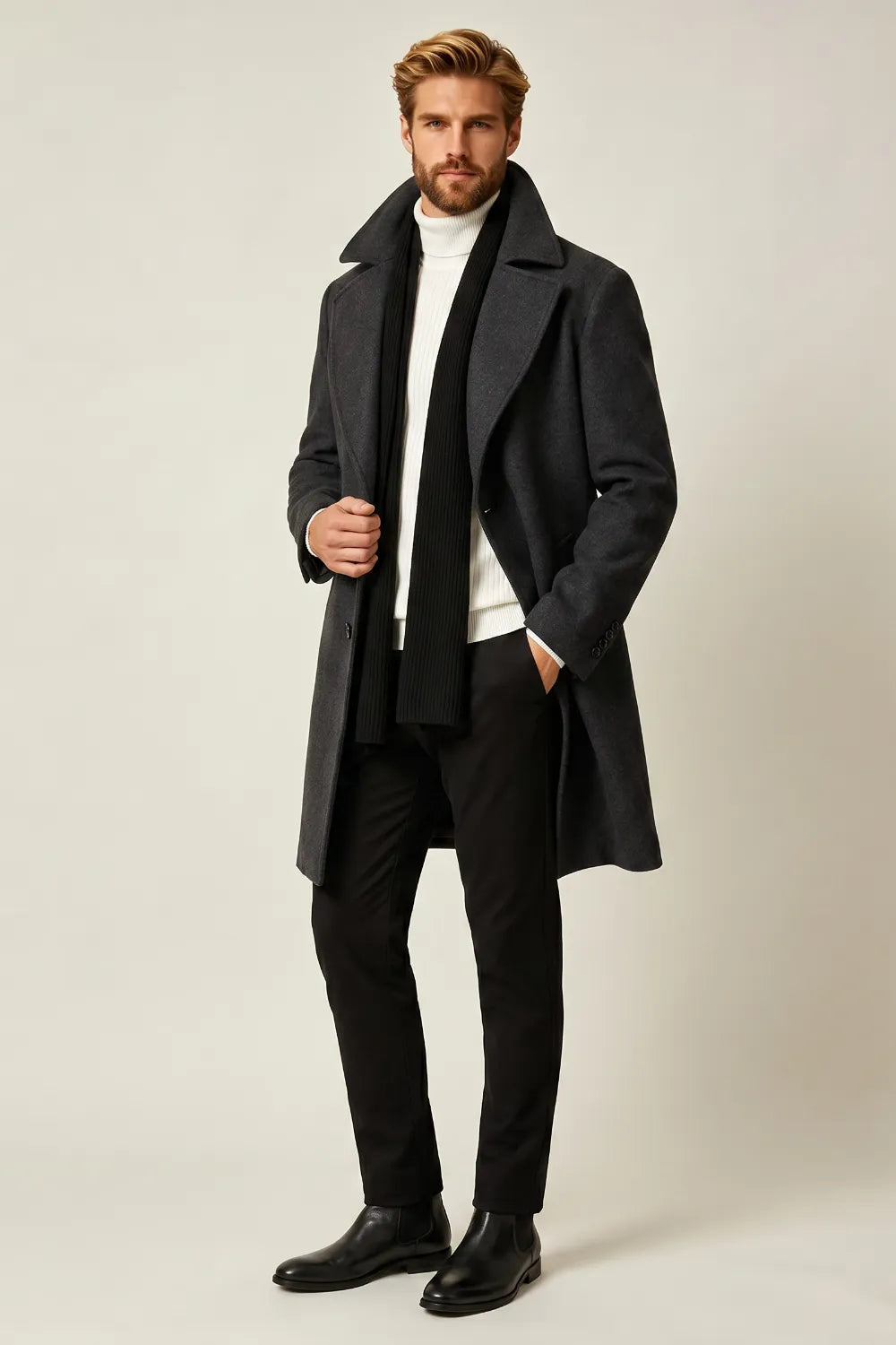 Men's Charcoal Single-Breasted Longline Coat