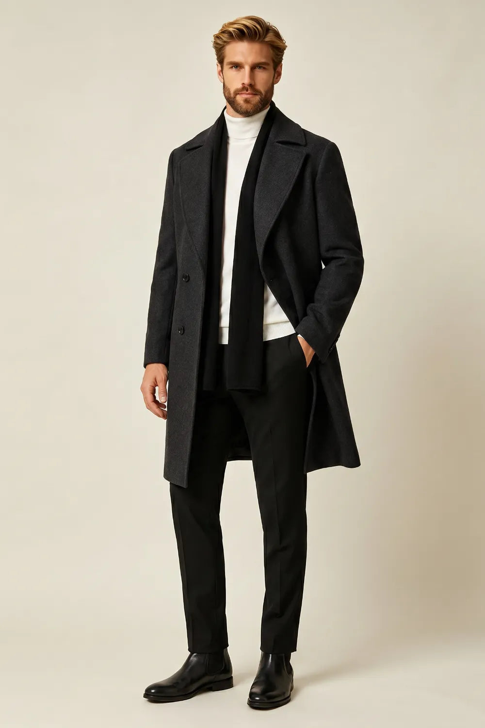 Men's Charcoal Single-Breasted Longline Coat