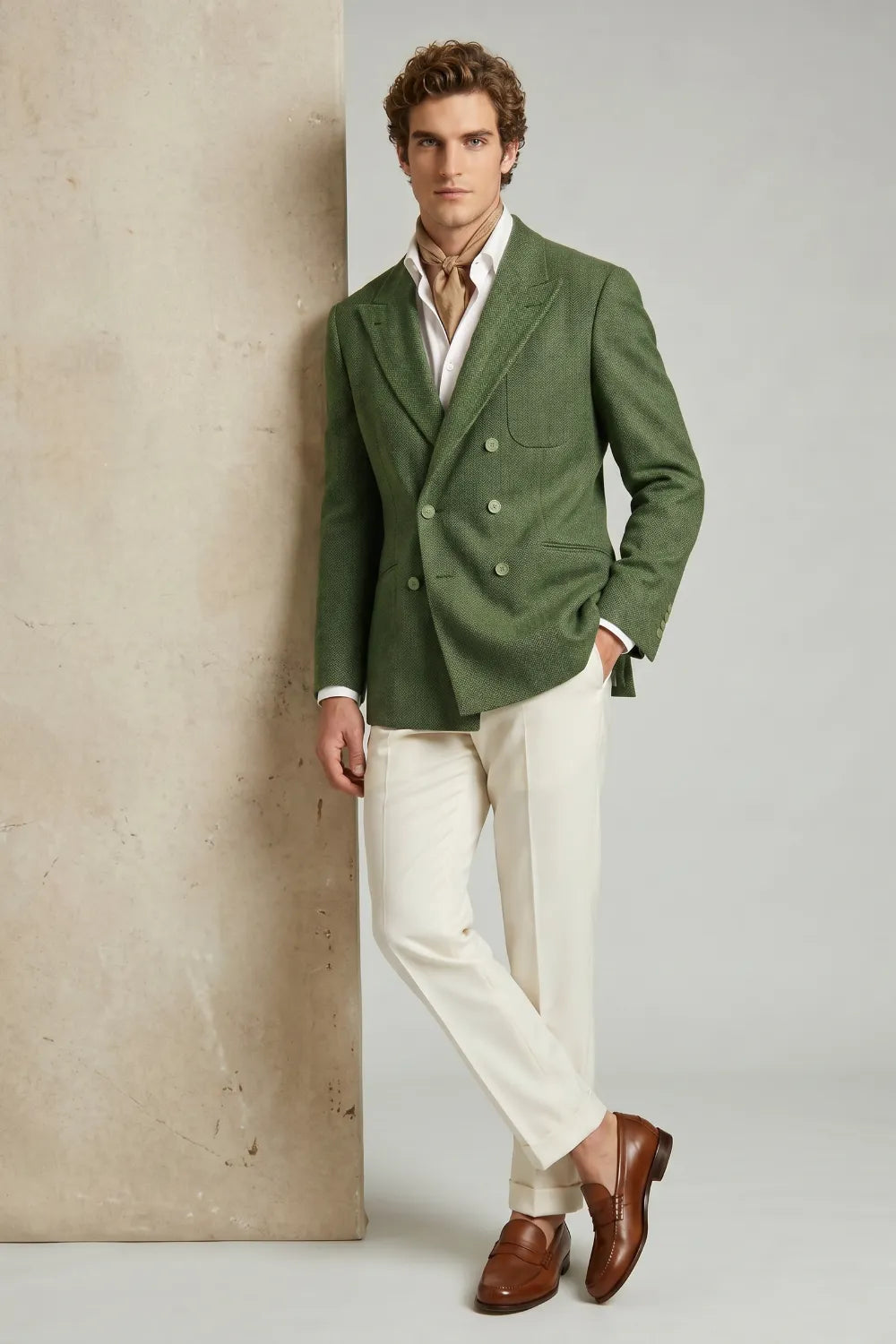 Men's Olive Green Herringbone Wool Blend Double Breasted 2 Piece Suit