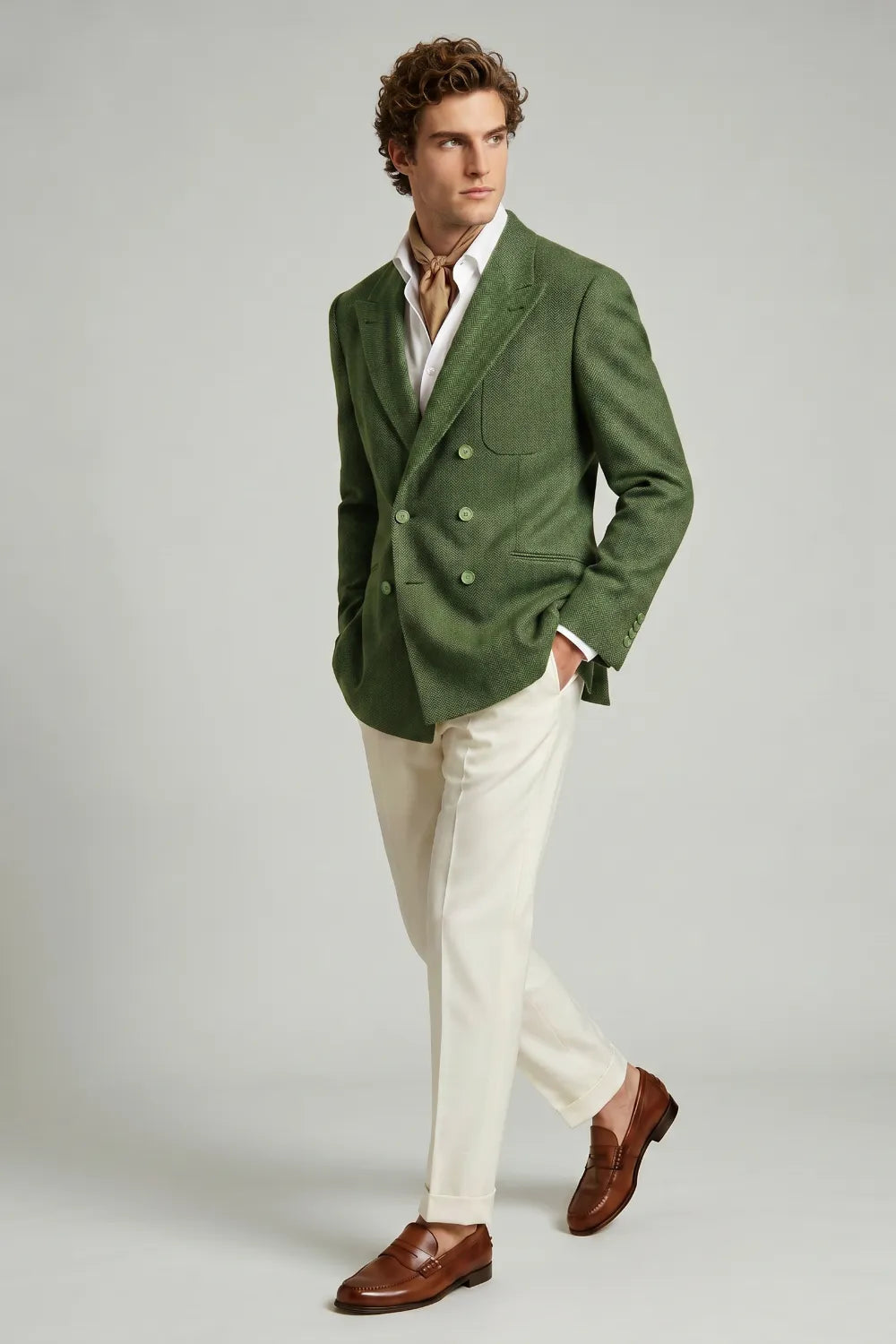 Men's Olive Green Herringbone Wool Blend Double Breasted 2 Piece Suit