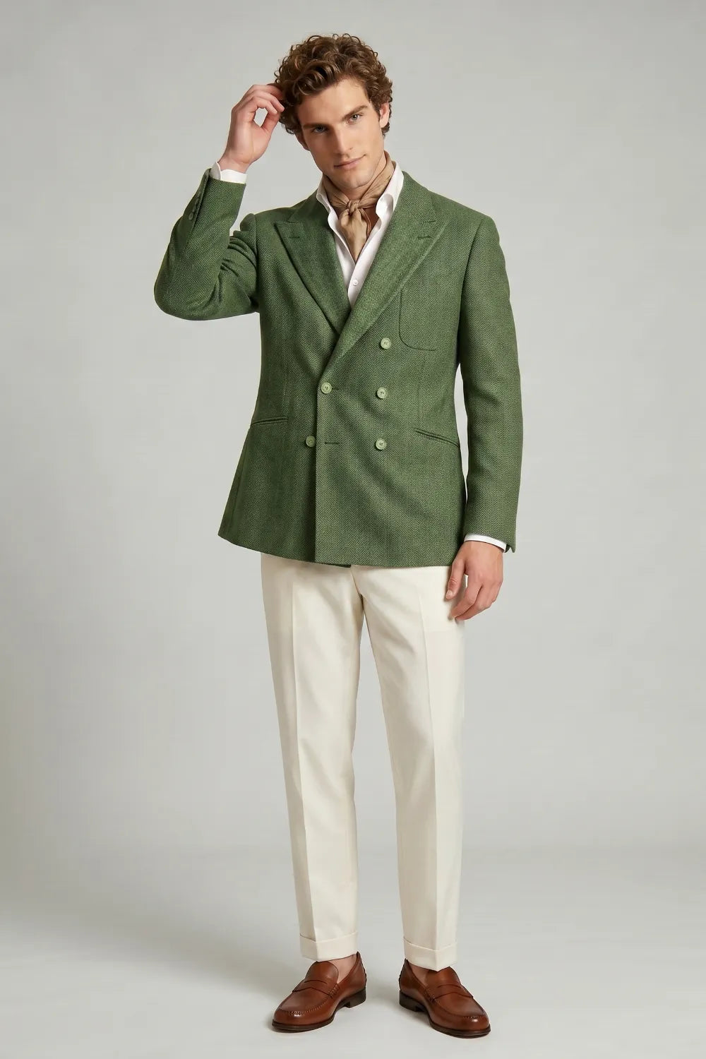 Men's Olive Green Herringbone Wool Blend Double Breasted 2 Piece Suit