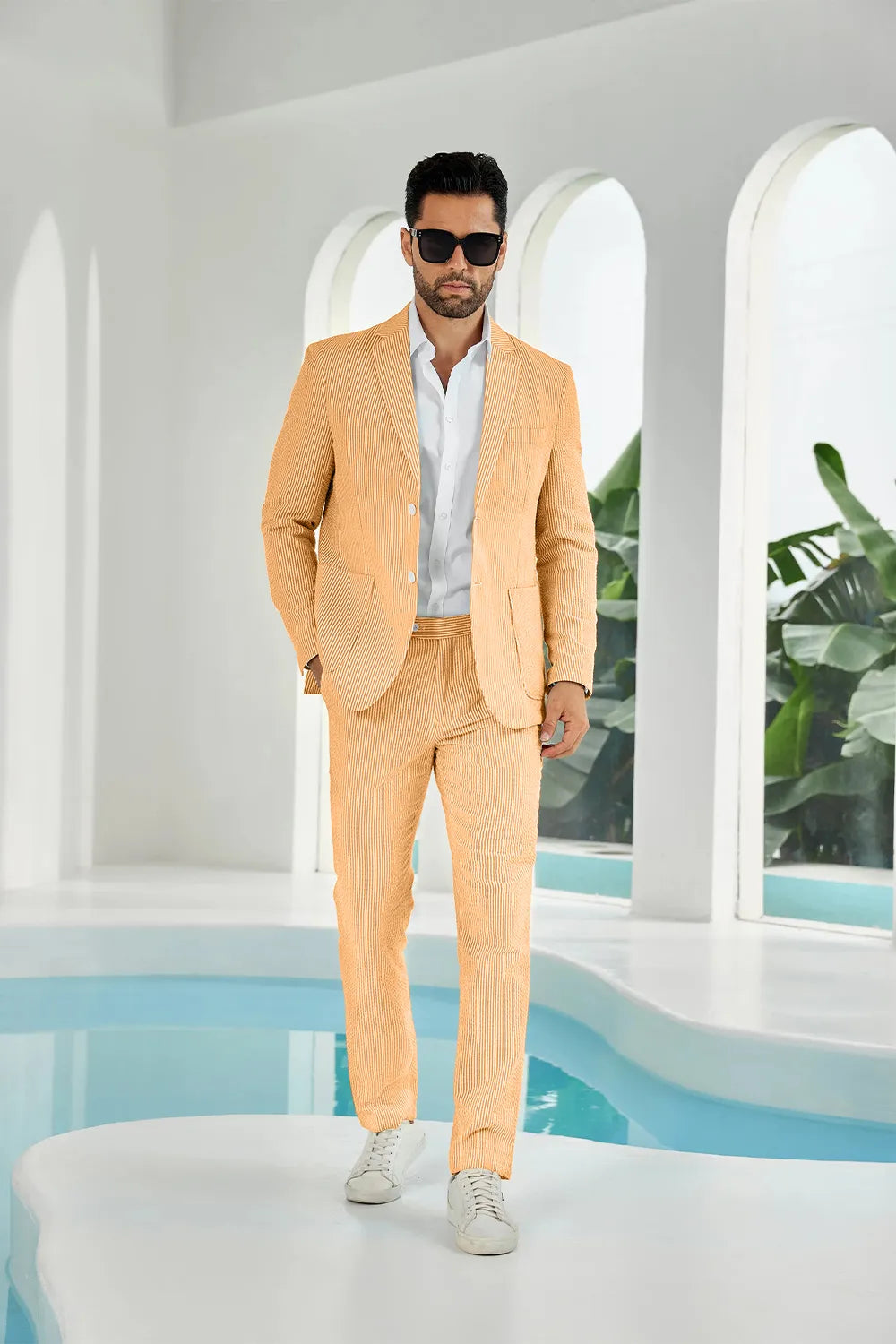 Orange-white seersucker striped blazer pants 2 piece men's summer suit upgrade version front display