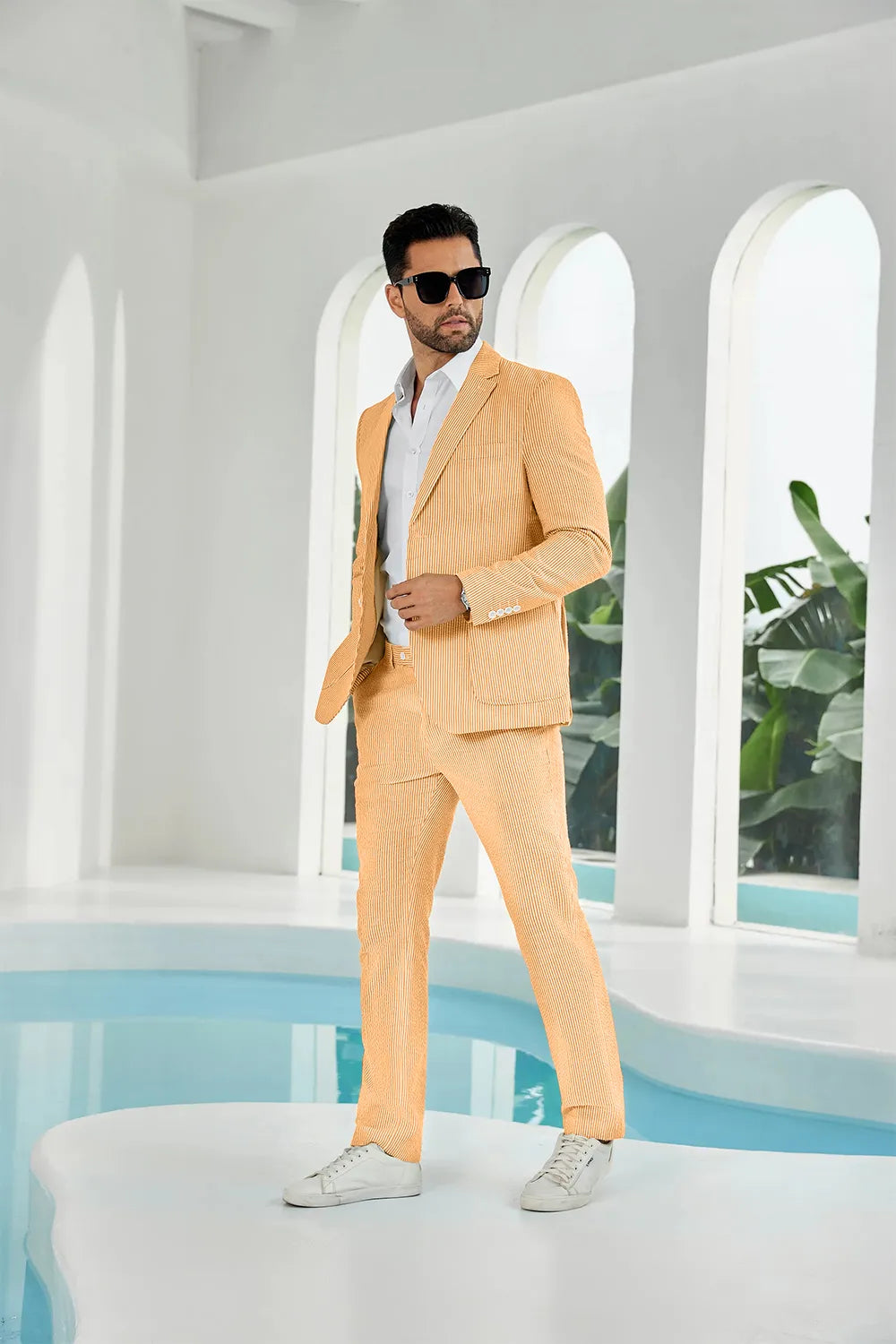Orange-white seersucker striped blazer pants 2 piece men's summer suit upgrade version side display
