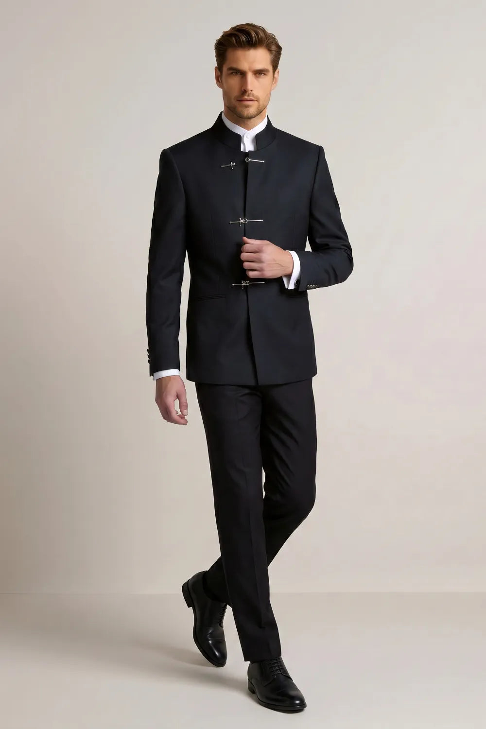 Men's Navy Blue Slim Fit Mandarin Collar Suit