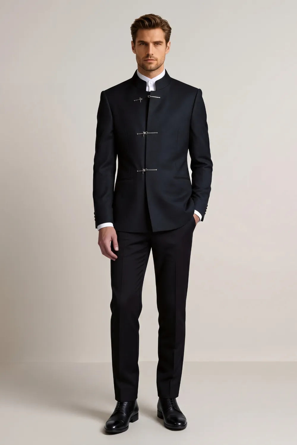 Men's Navy Blue Slim Fit Mandarin Collar Suit