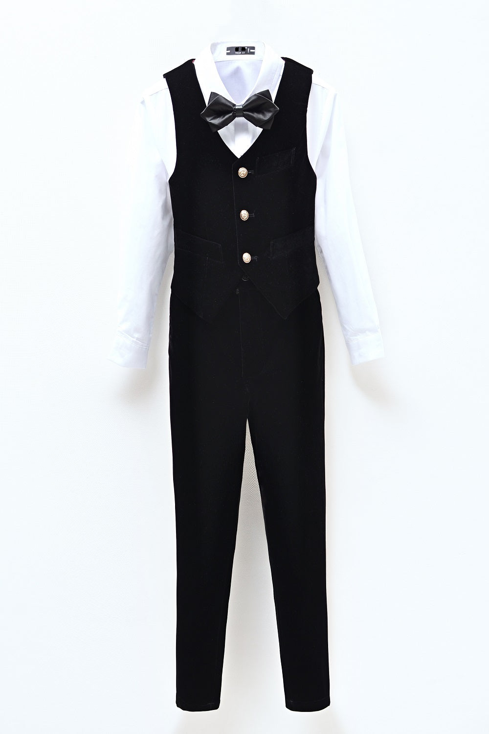 Black velvet kids' 2-piece suit: Vest with gold buttons & pants set, includes black bow tie
