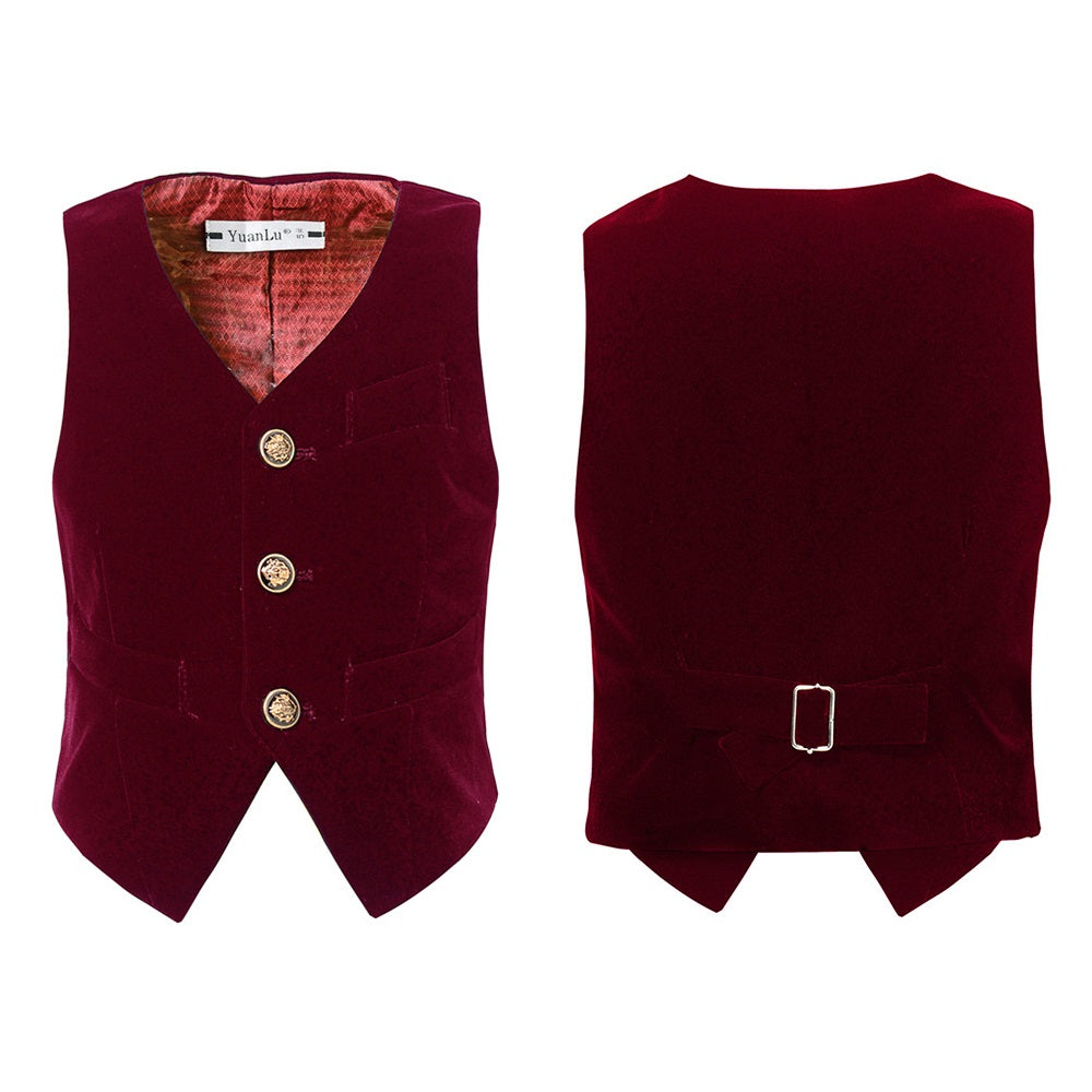 Burgundy velvet boys' vest with gold lion buttons, red lining & adjustable strap – 2-piece suit