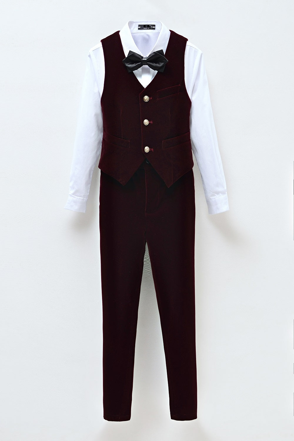 Burgundy velvet kids' 2-piece suit: Vest with gold buttons, pants & black bow tie – formal boys' outfit