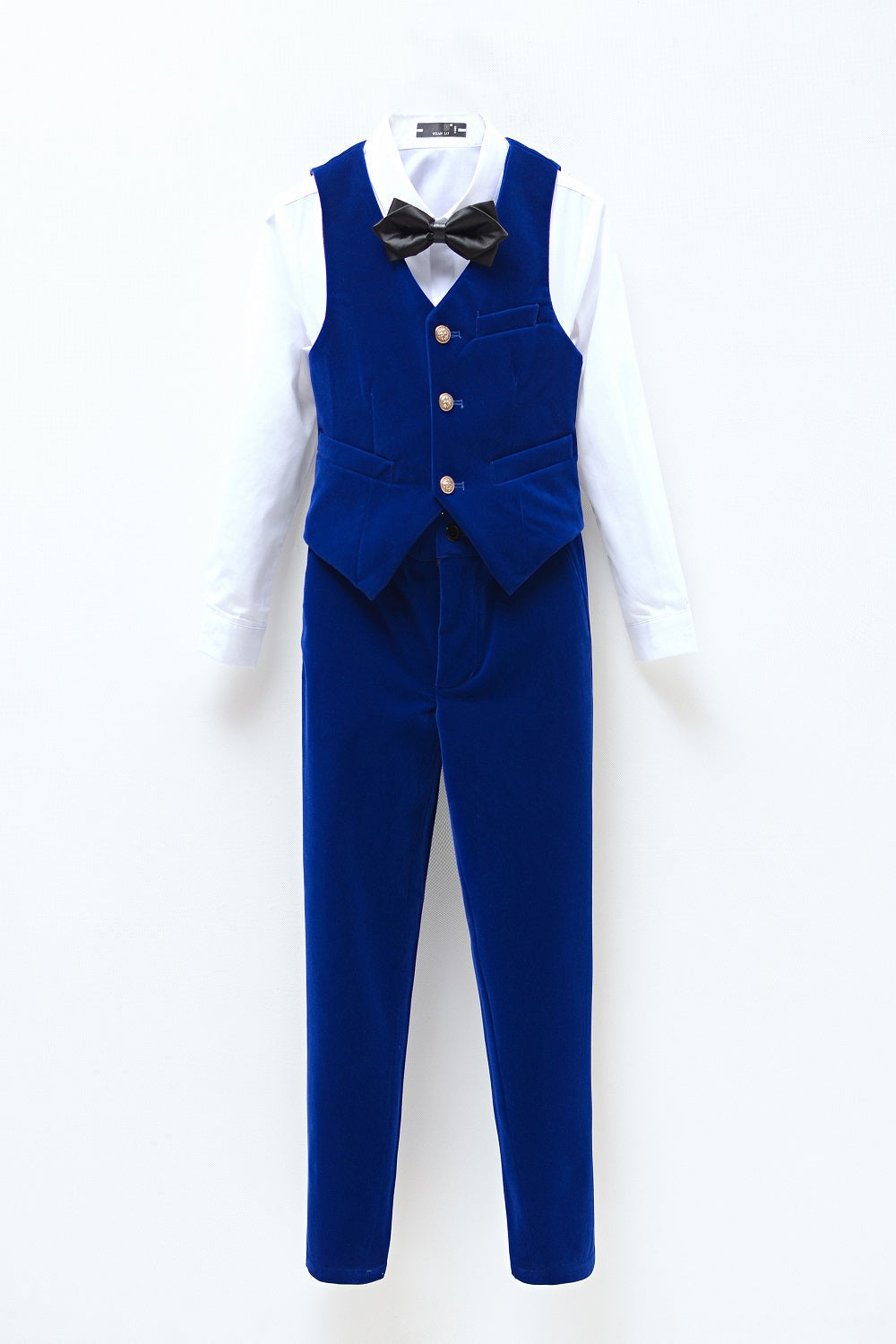 Royal blue velvet 2-piece boys' vest & pants set with gold buttons & black bow tie – formal kids dress suit