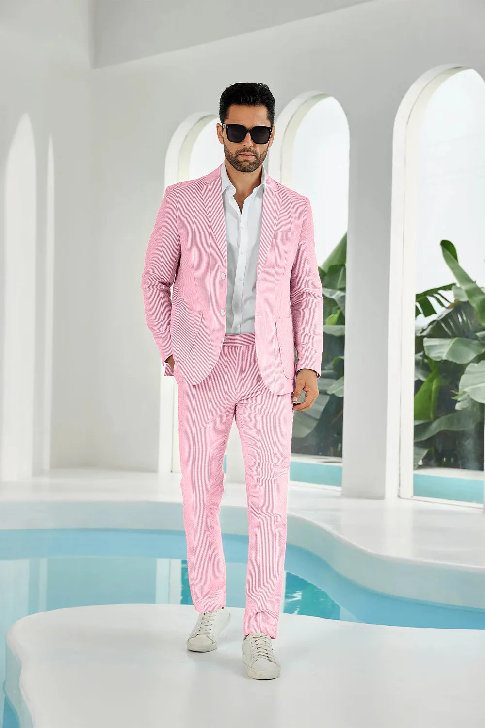 Pink-white seersucker striped blazer pants 2 piece men's summer suit upgrade version front display