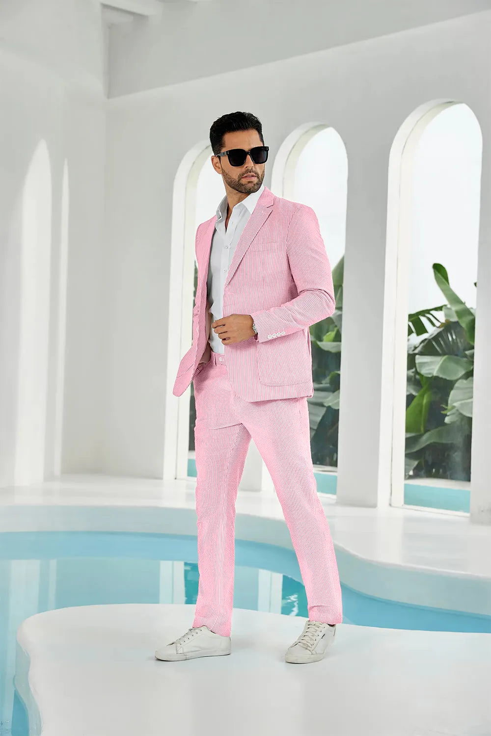 Pink-white seersucker striped blazer pants 2 piece men's summer suit upgrade version side display