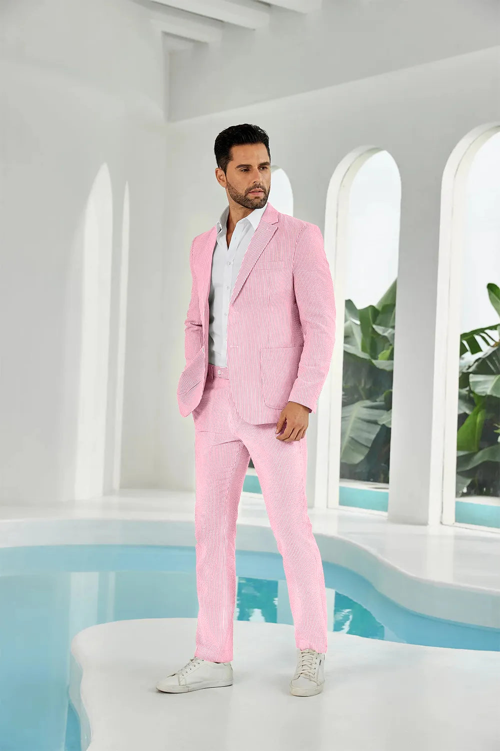 Pink-white seersucker striped blazer pants 2 piece men's summer suit upgrade version on model