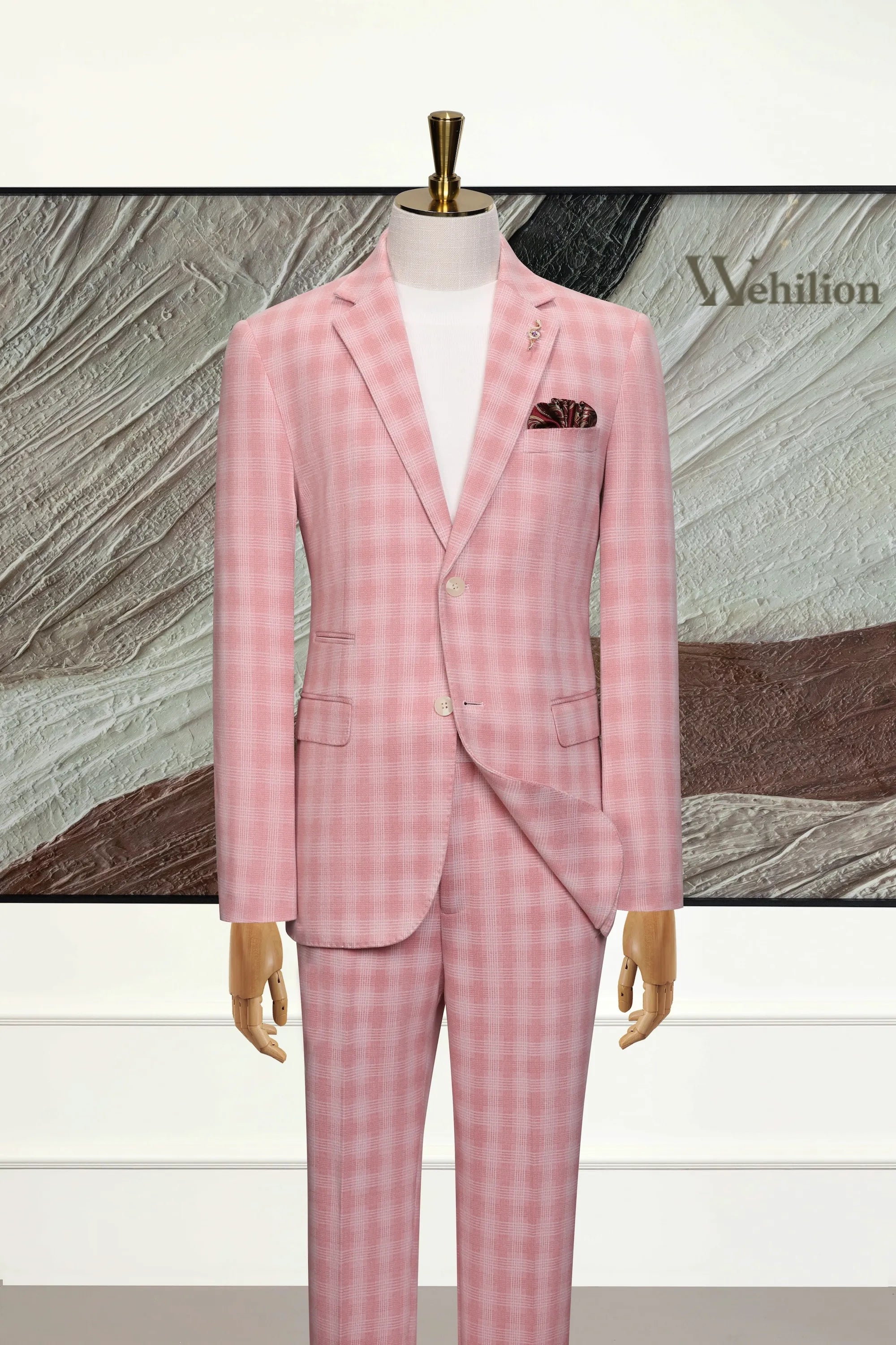 Men's Pink Plaid Checkered Wool Blend 2 Piece Suits