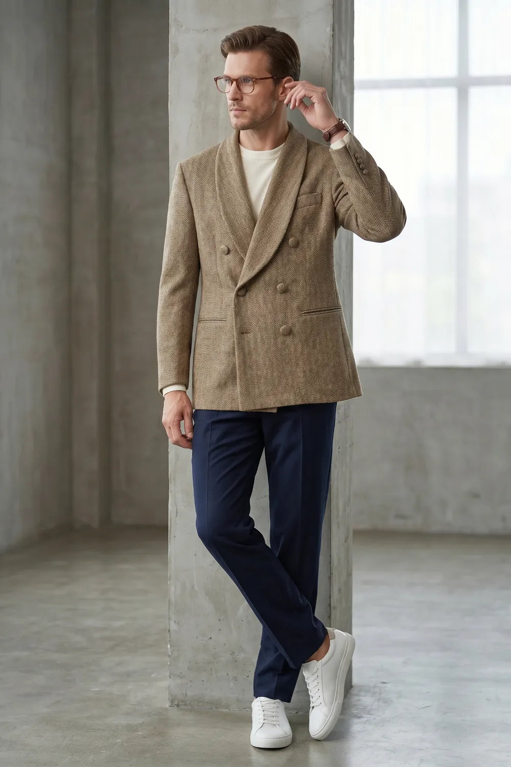 Men's Wide Peak Lapel Herringbone 2 Piece Suit
