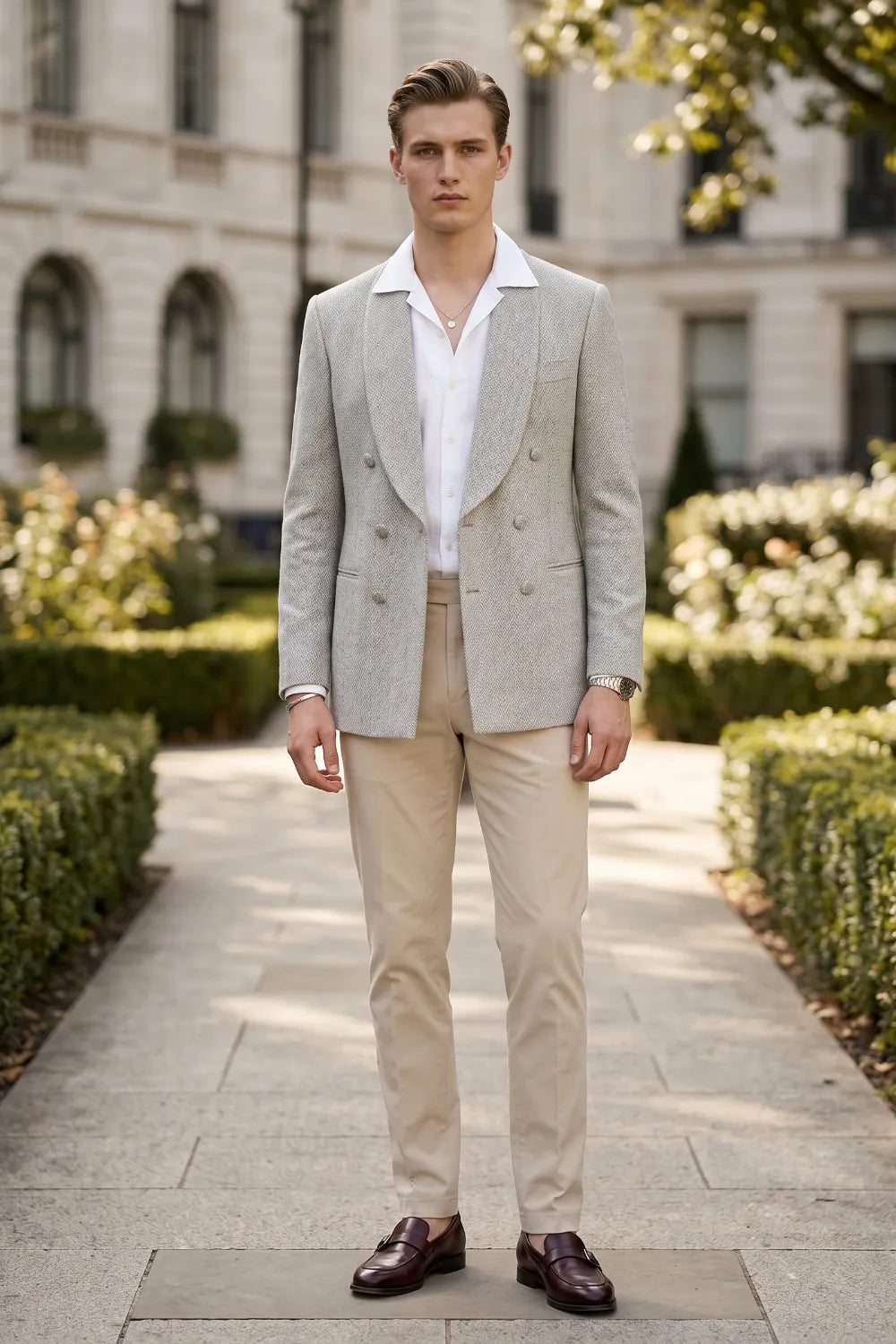 Men's Wide Peak Lapel Herringbone 2 Piece Suit