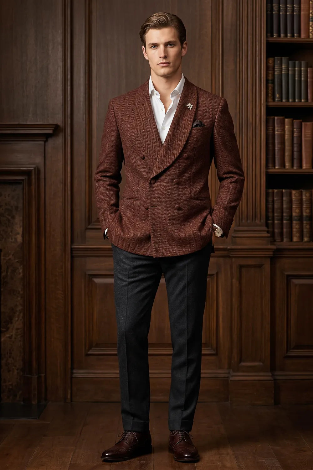 Men's Wide Peak Lapel Herringbone 2 Piece Suit