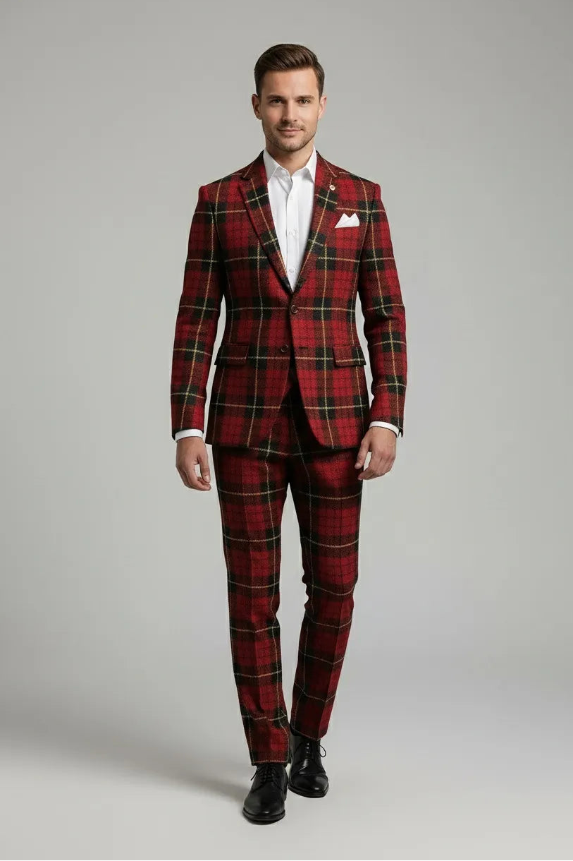 Men's Red Plaid Single Breasted 2 Piece Suit