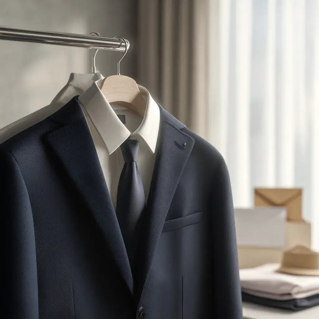 Navy suit on a hanger with a white shirt and tie, showing how a prom suit can be worn again after prom.