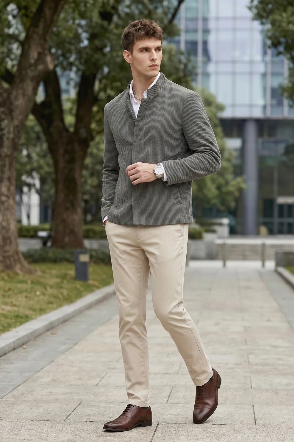 Men's Corduroy Mandarin Collar 2 Piece Suit