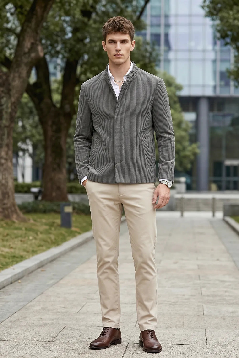 Men's Corduroy Mandarin Collar 2 Piece Suit