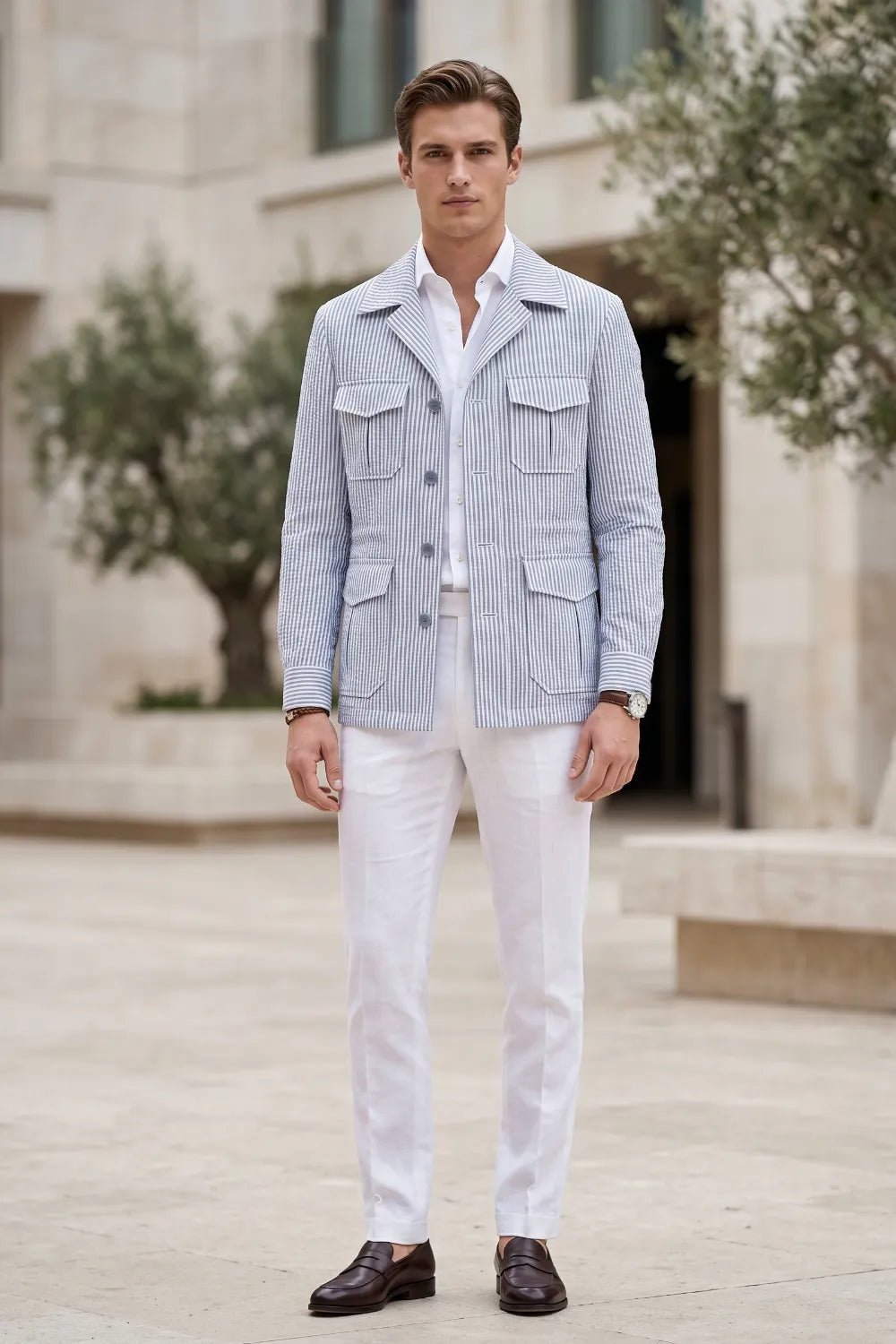 Men's Clean Striped Seersucker 2 Piece Suit