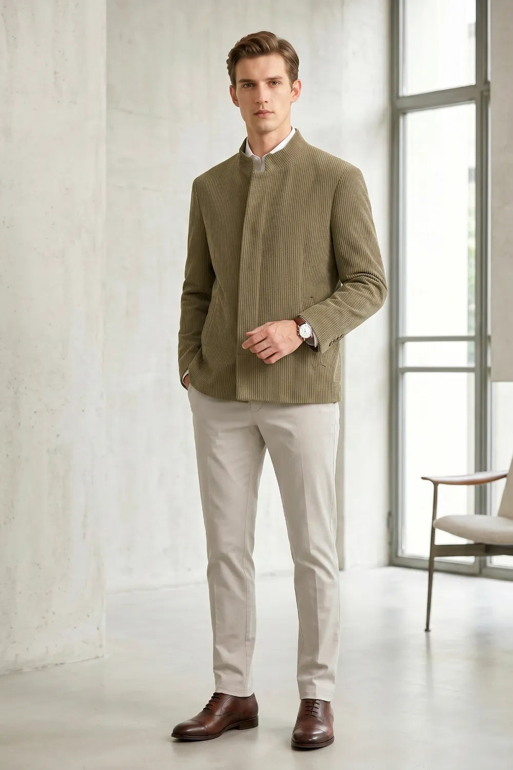 Men's Corduroy Mandarin Collar 2 Piece Suit