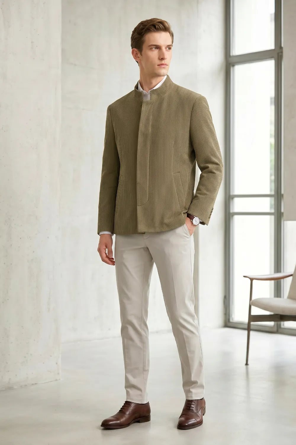 Men's Corduroy Mandarin Collar 2 Piece Suit