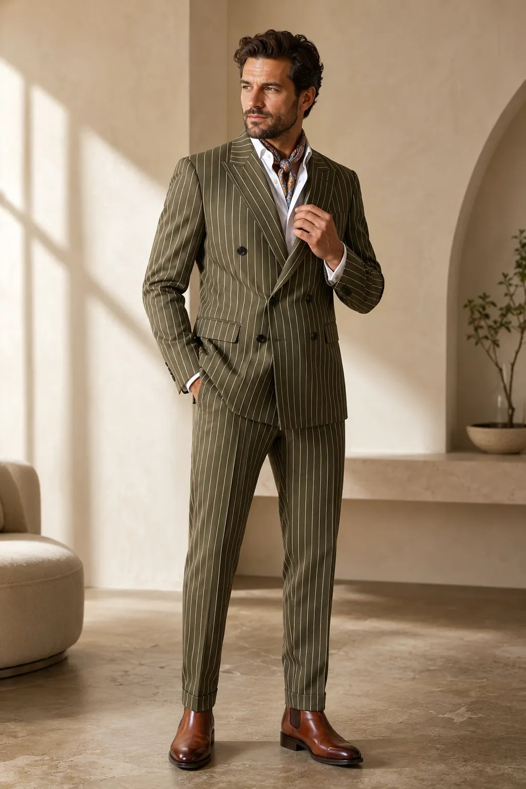Men's Olive Pinstripe Business 2 Piece Suit
