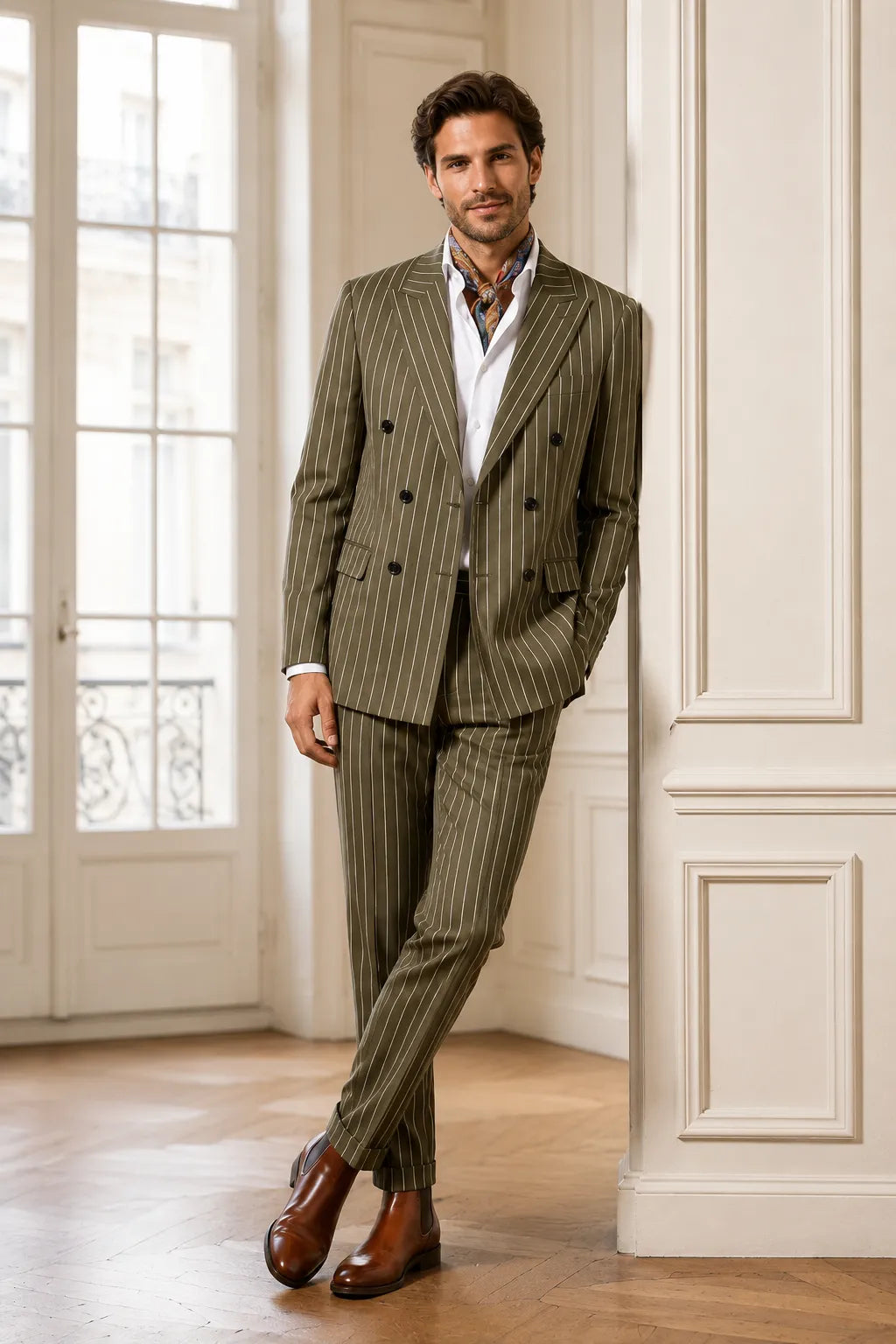 Men's Olive Pinstripe Business 2 Piece Suit