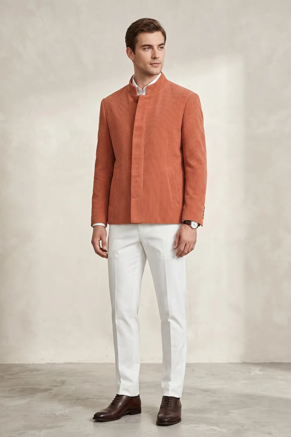 Men's Corduroy Mandarin Collar 2 Piece Suit