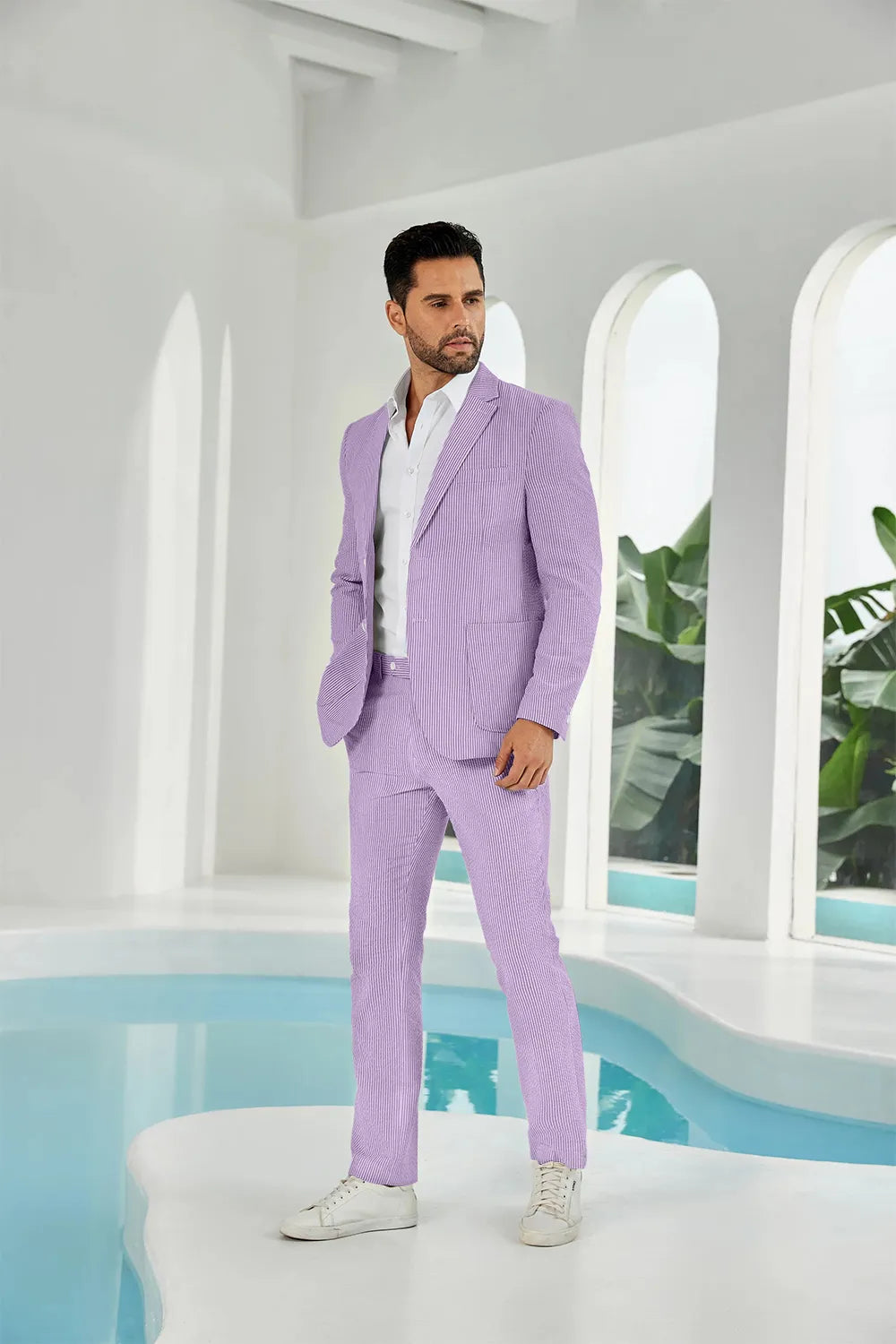 Purple-white seersucker striped blazer pants 2 piece men's summer suit upgrade version side display