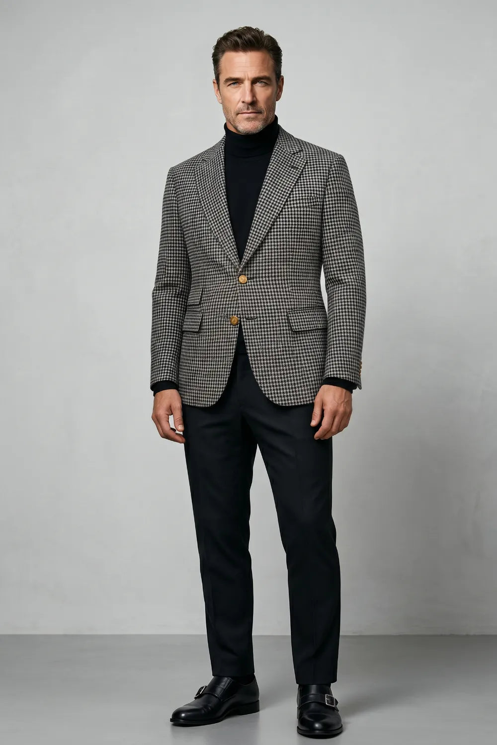 Men's Black And White Houndstooth Tweed 2-Piece Suit