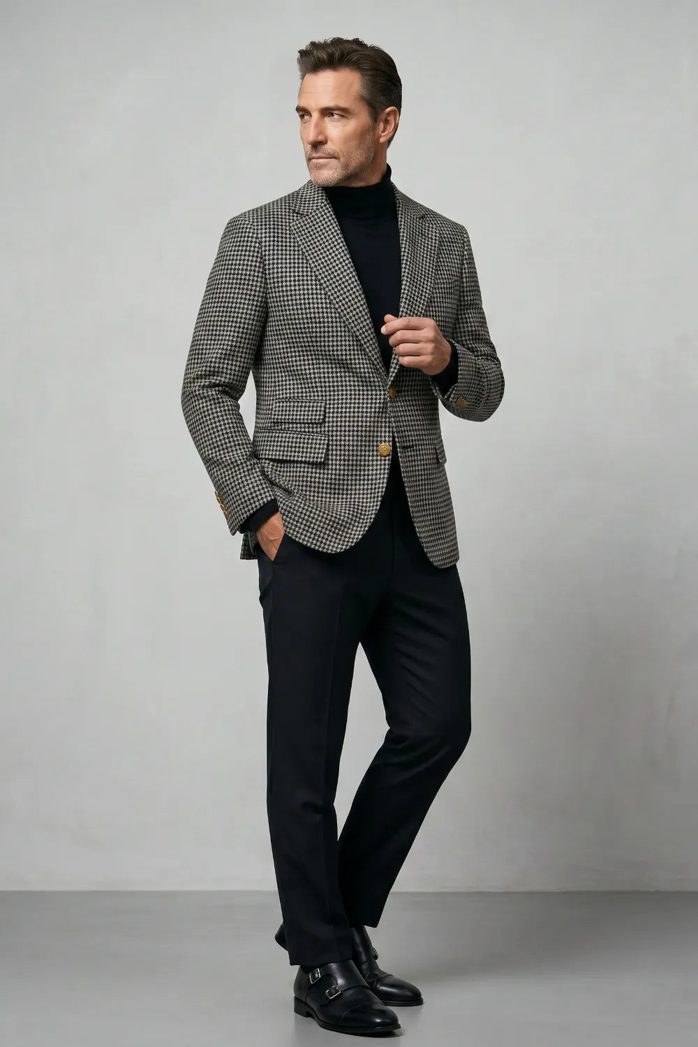 Men's Black And White Houndstooth Tweed 2-Piece Suit