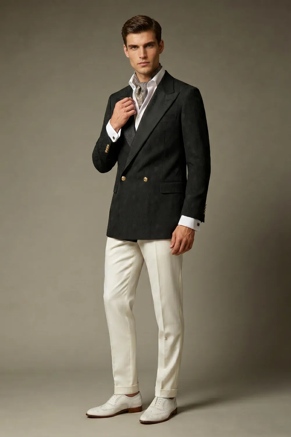 Men's Black Jacquard Double Breasted Peak Lapel 2-Piece Suit