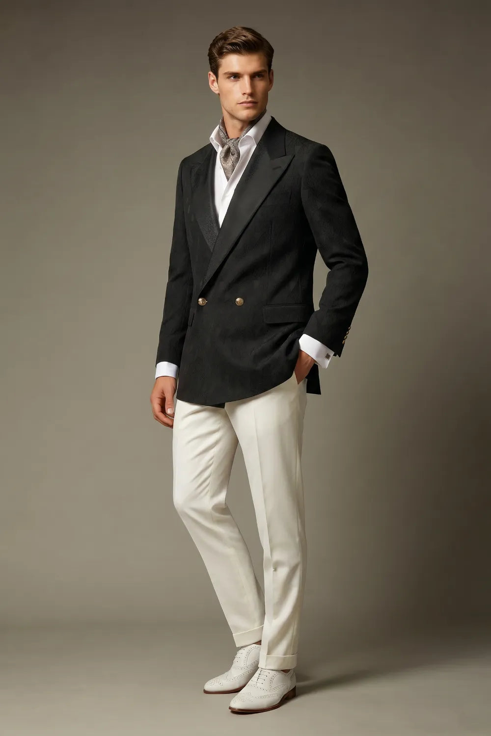Men's Black Jacquard Double Breasted Peak Lapel 2-Piece Suit