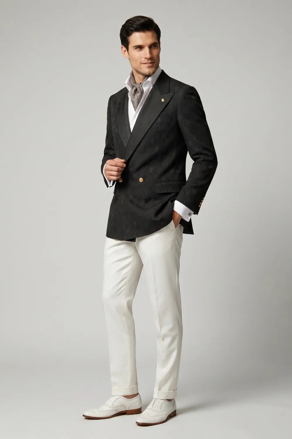 Men's Black Jacquard Double Breasted Peak Lapel 2-Piece Suit