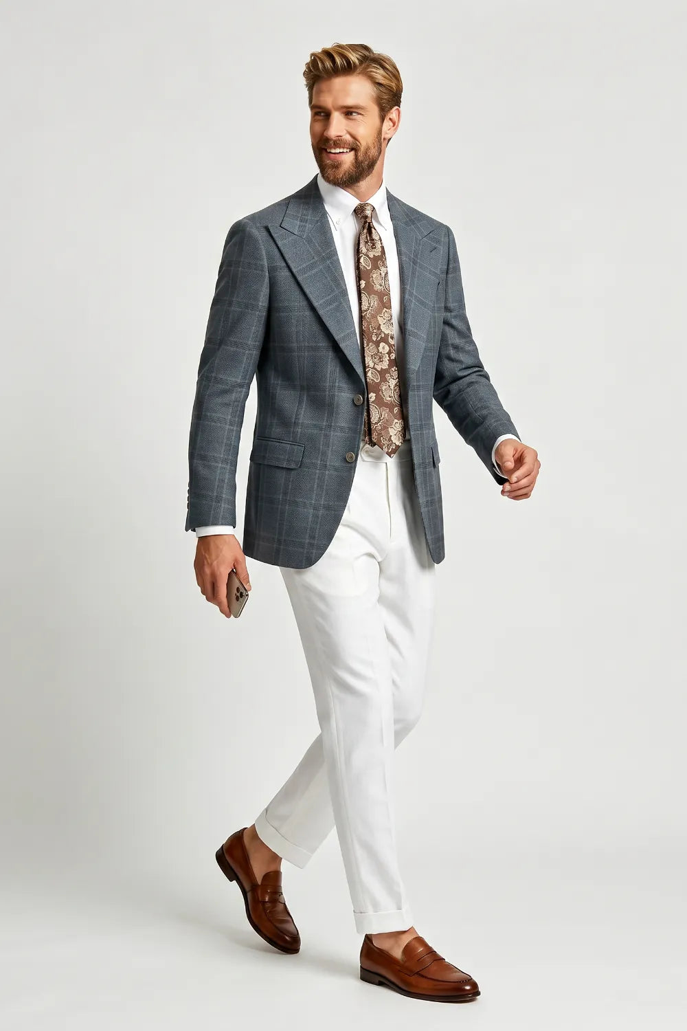 Men's Modern Grey Plaid 2 Piece Suit