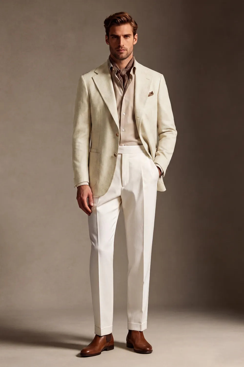 Men's Light Beige Linen Blend Wide Notch Lapel 2 Piece Suit
